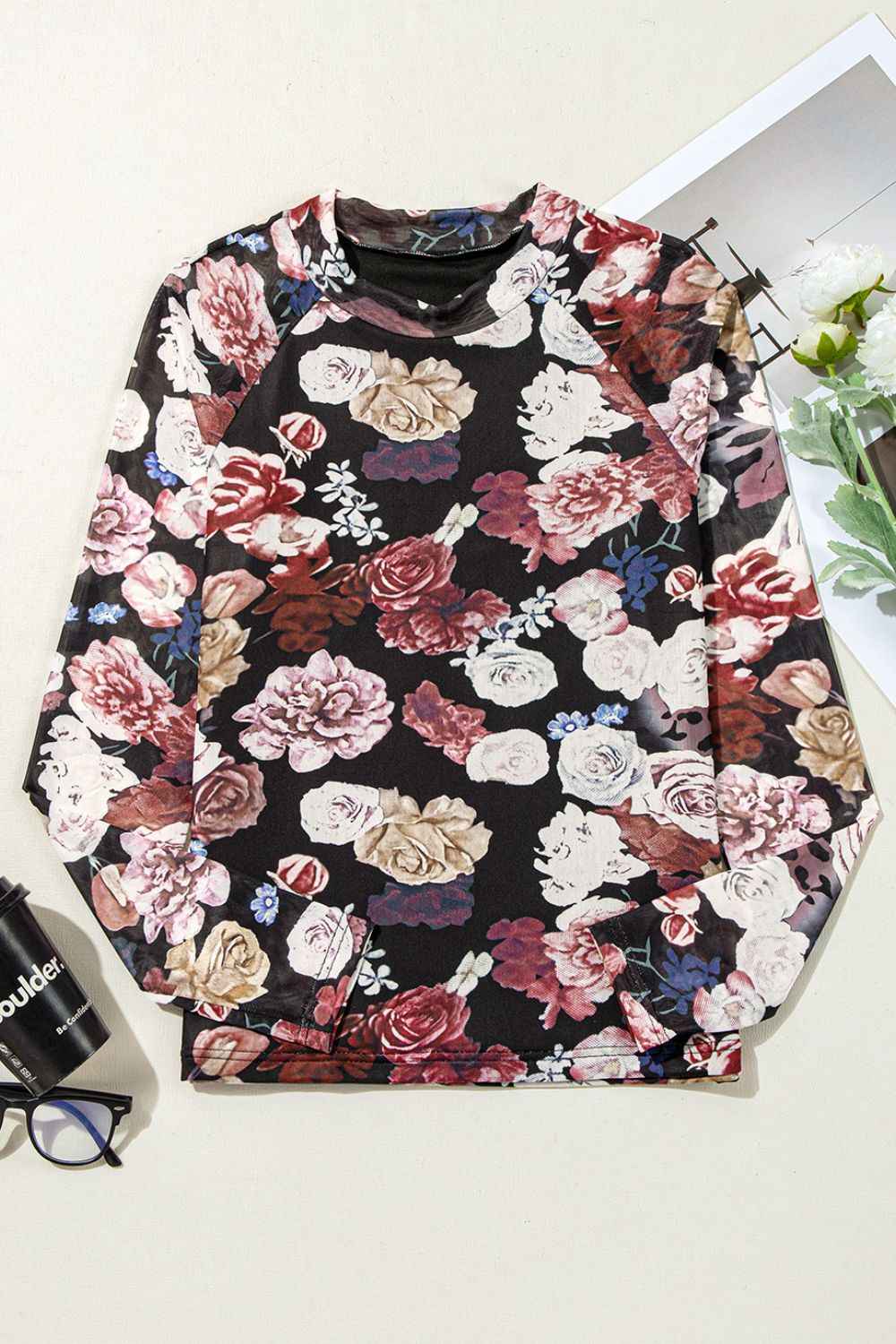 Floral Mock Neck Long Sleeve Mesh Top - Damned Threads